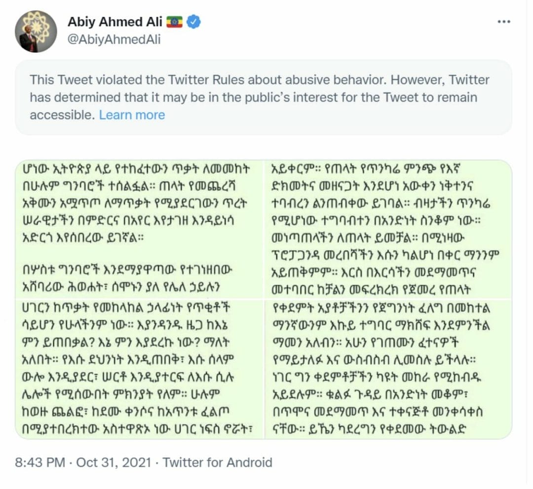 Tweets violentos Etiopia